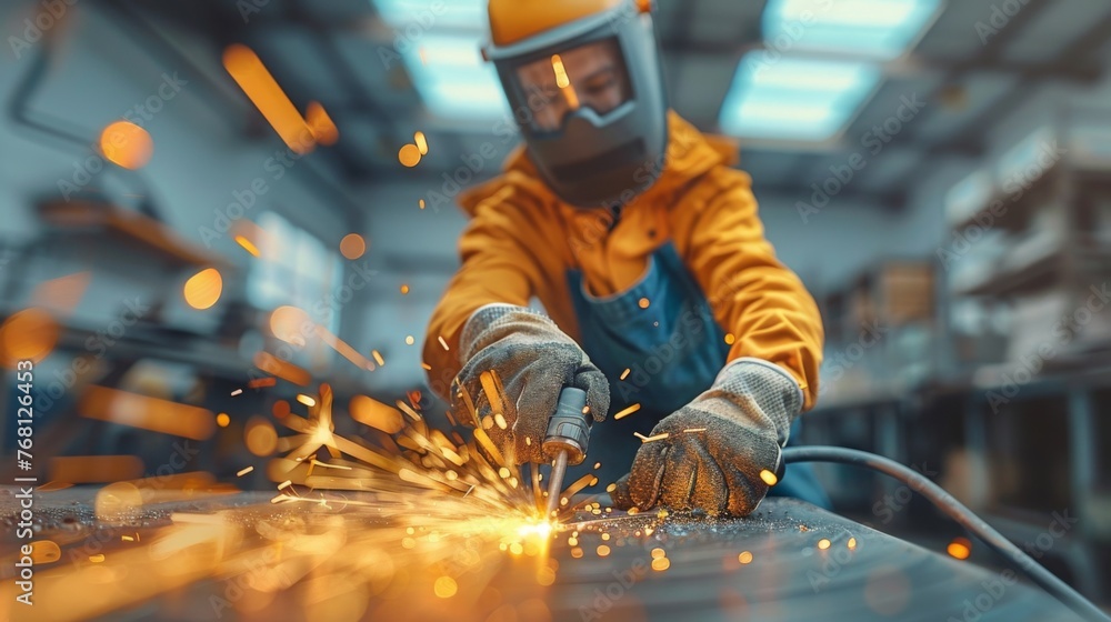 A skilled adult welder works in an industrial plant, using precision and protective equipment to create sparks among metal structures. A skilled adult welder works in an industrial plant, using precision and protective equipment to create sparks among metal structures.