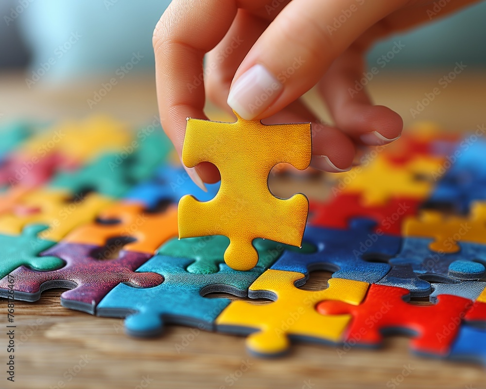 Close-up of a hand holding a yellow puzzle piece above a colorful incomplete jigsaw puzzle Close-up of a hand holding a yellow puzzle piece above a colorful incomplete jigsaw puzzle
