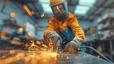 A skilled adult welder works in an industrial plant, using precision and protective equipment to create sparks among metal structures.