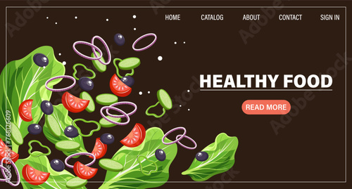 Web page design template for fresh vegetables, natural products, organic food, online food delivery, recipes. Illustration, landing page, poster, banner.