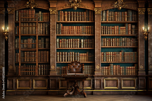 Classical library room with old books on shelves large bookcase with lots of books generative AI
