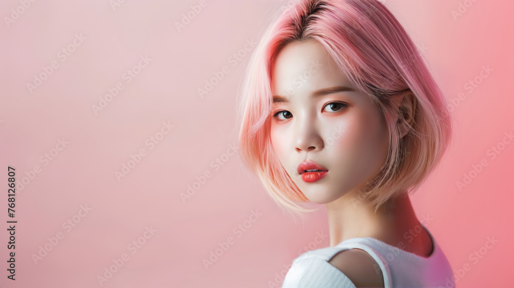 A young woman with pink hair looks thoughtfully at the camera, her gaze intense yet serene against a soft pink background, embodying modern elegance. A young woman with pink hair looks thoughtfully at the camera, her gaze intense yet serene against a soft pink background, embodying modern elegance.