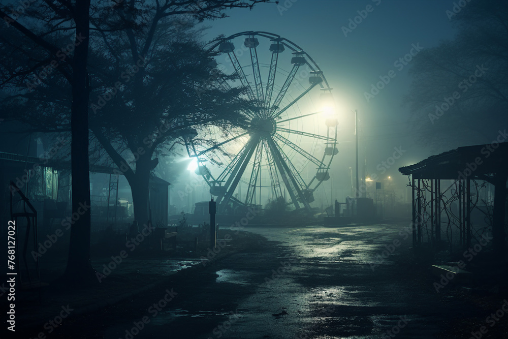 Generated AI picture of carnival with Ferris wheel in dark misty amusement park Generated AI picture of carnival with Ferris wheel in dark misty amusement park