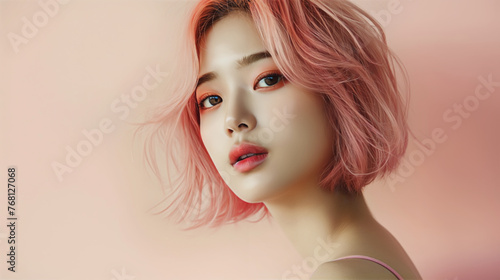 Elegant portrait of a young woman with stylish pink hair, gazing into the distance. Her thoughtful expression and the soft pink backdrop highlight her modern beauty.