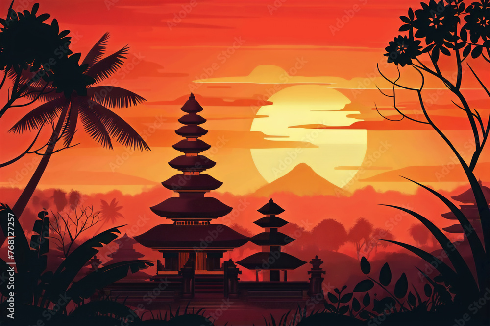 An illustration of a serene sunset in Bali with silhouettes of palm trees and traditional temples against a vibrant orange sky, evoking a peaceful, exotic atmosphere. An illustration of a serene sunset in Bali with silhouettes of palm trees and traditional temples against a vibrant orange sky, evoking a peaceful, exotic atmosphere.