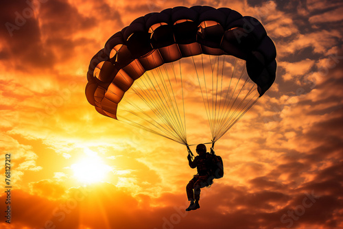 Skydivers silhouetted against a stunning sunset created with generative AI