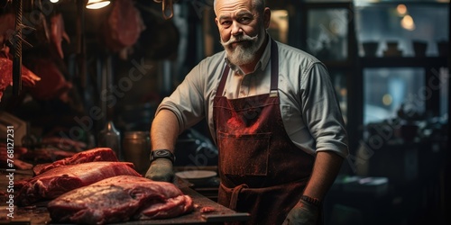 A male butcher stands at the meat counter. A male butcher at work. Generative AI