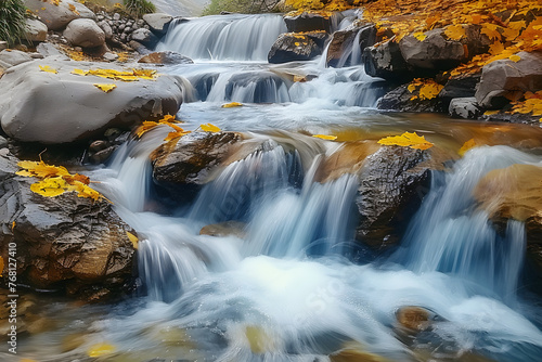 a gently flowing mountain stream cascading over rocks surrounded