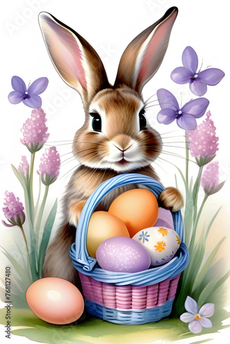 A cute Easter bunny with a basket of eggs and spring flowers is a child character illustration on a white background. © Valentina
