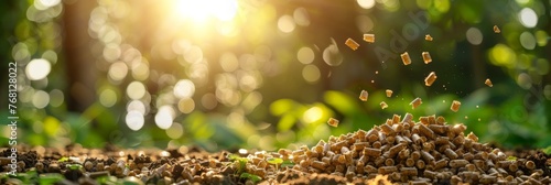 Large pile of biomass wood pellets and woodpile on blurred background with copy space photo