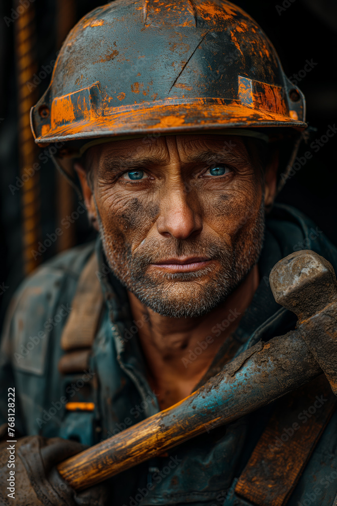 Weathered miner with orange helmet and wrench Weathered miner with orange helmet and wrench