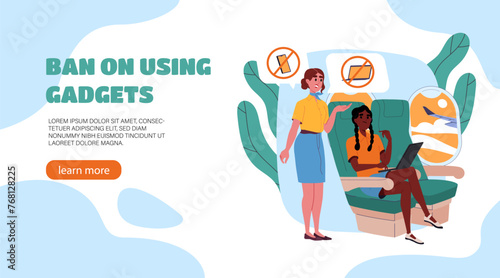 Ban on using gadgets poster. Women sitting in airplane. Prohibition to use laptops and smartphones inside plane. Landing webpage design. Stewardess and passenger. Cartoon flat vector illustration