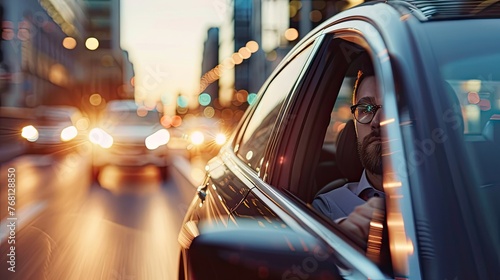 Man drives modern sedan on the road, symbolizing urban lifestyle and travel. Perfect for transportation or city-life themed content.