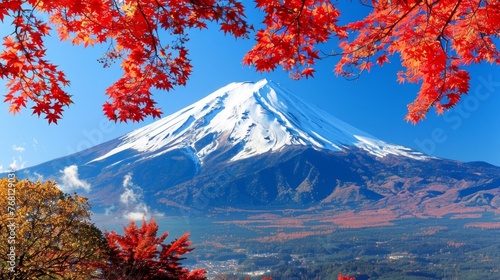 Mtfuji, tallest volcano in tokyo, japan with snow capped peak, autumn red trees, nature landscape