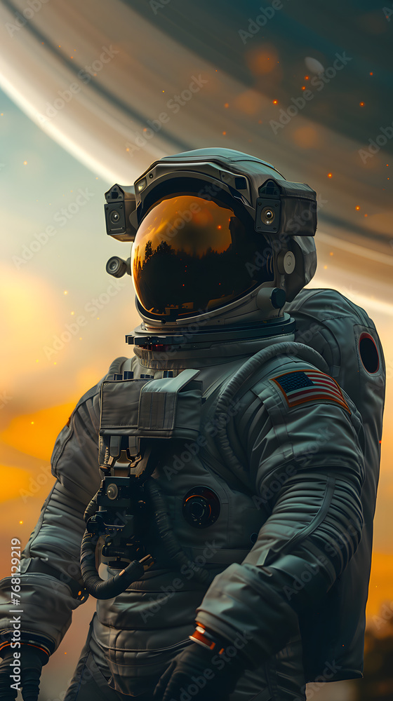 An astronaut in a space suit with a helmet and protective equipment is standing in front of a planet, resembling a fictional character in military camouflage uniform An astronaut in a space suit with a helmet and protective equipment is standing in front of a planet, resembling a fictional character in military camouflage uniform