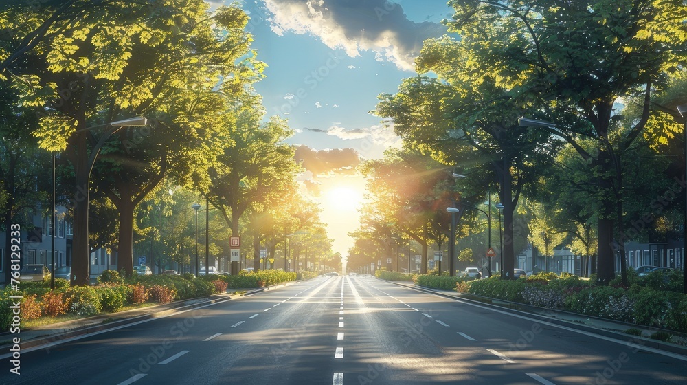 Empty street under summer sun and blue sky, white center lines, nature's beauty in a photorealistic view.