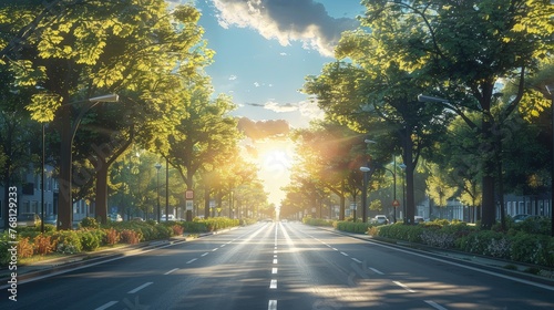 Empty street under summer sun and blue sky, white center lines, nature's beauty in a photorealistic view.