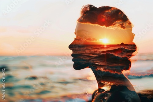 Silhouette head woman. The sun over the sea. Emotional intelligence concept.