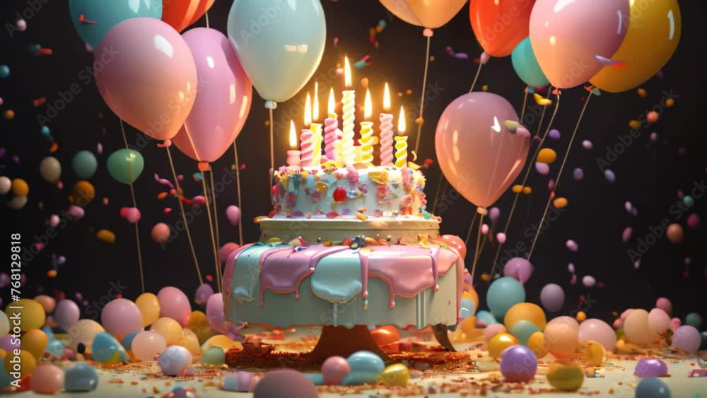Birthday cake with candles, balloons and confetti on black background ...