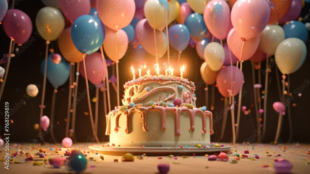 Birthday cake with candles, balloons and confetti on wooden table, A 3D ...