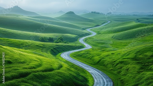Scenic drive: Aerial view of highway winding through lush wheat fields,