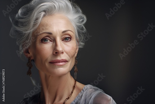 a woman with grey hair and a necklace