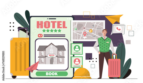 Booking hotel online concept. Man with luggage near recption bell. Mobile application for travellers and tourists. Travel and tourism. Rent of rooms and apartments. Cartoon flat vector illustration