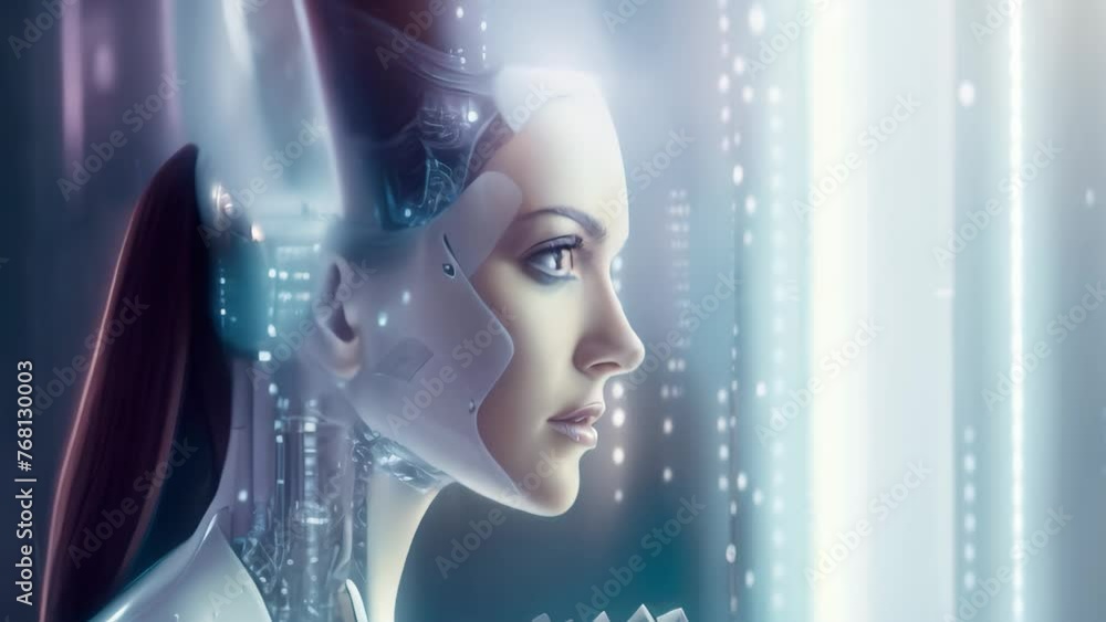 3d rendering of female cyborg with digital brain on blue background, A ...