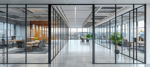 Sleek modern office interior featuring a glass partition and elegant white flooring
