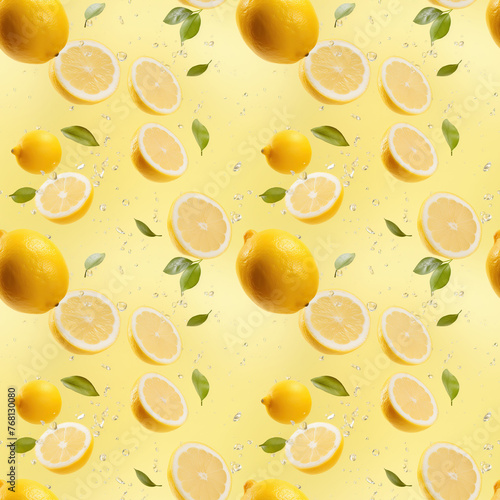 Seamless pattern with fresh juicy lemons and water splashes