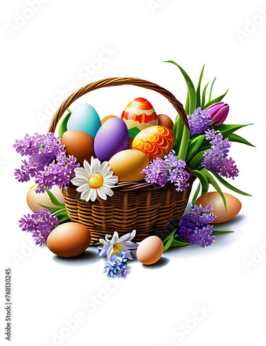 Easter card with a beautiful bouquet of flowers and eggs in a basket.