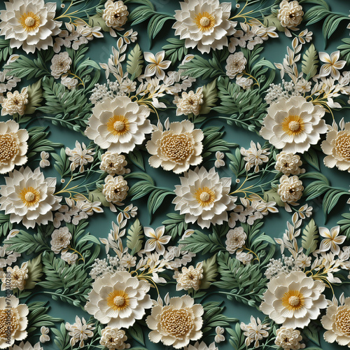 Seamless pattern with beautiful volumetric flowers. Papercut design