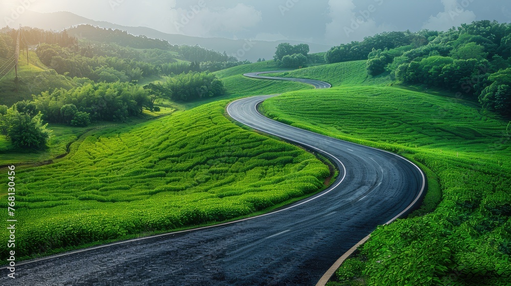 Scenic drive: Aerial view of highway winding through lush wheat fields, Scenic drive: Aerial view of highway winding through lush wheat fields,