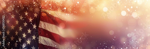 Vintage American flag with blurred fireworks on light background, wide banner for USA national holiday celebration Generative AI