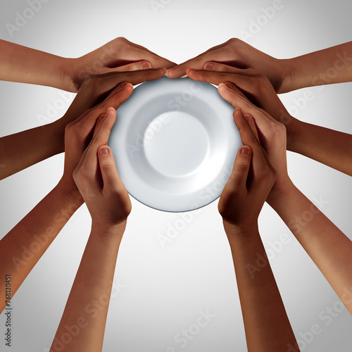 Global Hunger Crisis as a diverse group representing world famine and international food  distribution as hands holding an empty dinner plate as a hungry population starving for nutrition.