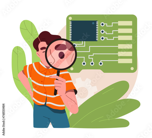 Boy studies computer chip. Young guy with magnifying glass near hardware and pc components. Education and learning, studying. Cartoon flat vector illustration isolated on white background