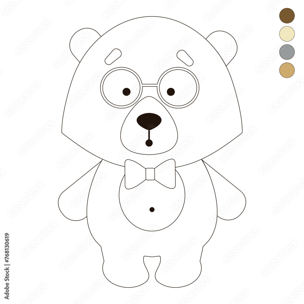 Cute bear surprised coloring in cartoon style, with glasses and butterfly, symmetry, vector, with color swatches for coloring, black and white Cute bear surprised coloring in cartoon style, with glasses and butterfly, symmetry, vector, with color swatches for coloring, black and white