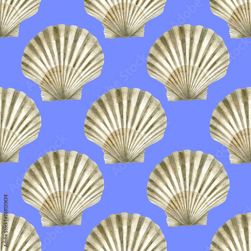 Seamless pattern of watercolor Seashell. Hand drawn illustration of sea Shell on lavender background. Colorful drawing of Scallop. Ocean Cockleshell marine underwater. For print decoration  fabric