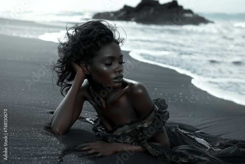 Majestic woman in black dress by sea