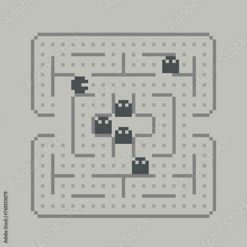 Retro pixel video game scene screen or poster. Abstract labirint arcade game concept in geek pixel graphics in 80s -90s style . Simple pixel game elements. Editable vector template