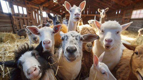 Fototapeta Naklejka Na Ścianę i Meble -  Goat farm, animals of various breeds gathered together in the barn for a selfie photo session, cheerful and curious expressions on their faces