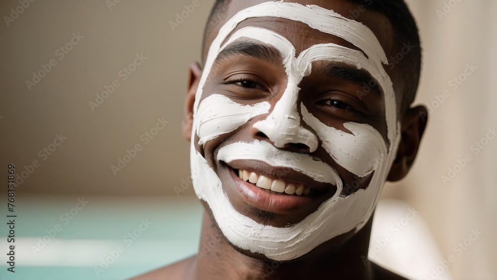 Model black man applying clay mask, spa costume Model black man applying clay mask, spa costume