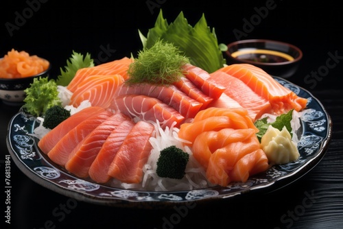 Hearty sashimi on a porcelain platter against a pastel or soft colors background