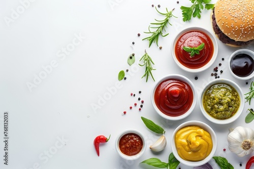 Burger Sauce Set with Array of Condiments, Spices and Herbs in Bowls on White Background. Top View Portion Featuring Garlic, Hot Pepper, Pesto and Ketchup