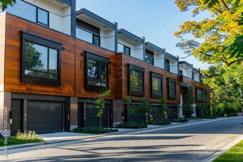 Contemporary Townhouse Architecture. New Development Complex with Two Garages in Family-Friendly Community