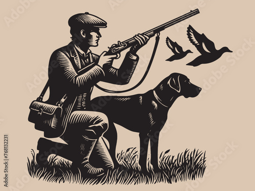Hunter with a gun and a dog. Flying ducks in the sky. Vintage retro engraving illustration. Black icon, isolated element. logo, emblem	