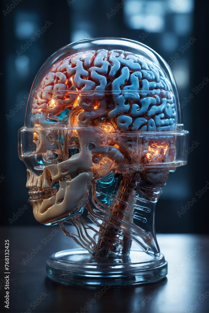 Neurointerface: Human Brain in AI Neural Network. Digital immortality concept. - obrazy, fototapety, plakaty 
