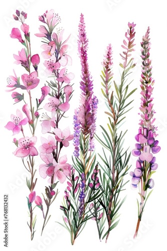 Heather Collection  Set of 5 Isolated Pink Flowering Branches. Nature s Vibrant Colours Up Close