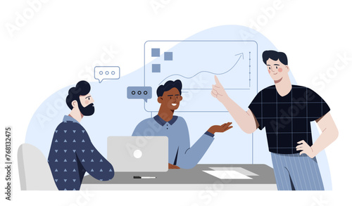 Business team works concept. Colleagues and partners work at common project. Brainstorming and insights, discussion. Team of analysts with graphs and diagrams. Cartoon flat vector illustration