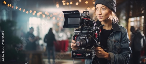 A female freelancer is seen holding a mirrorless camera mounted on a stabilizer in a dark room. She is recording a low budget film for her social media audience. © pngking
